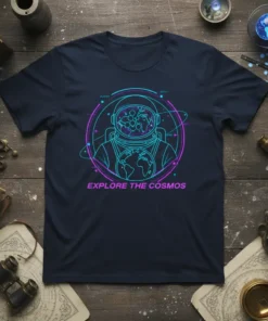 Explore The Cosmos astronaut t-shirt design with neon outline, globe, and planets