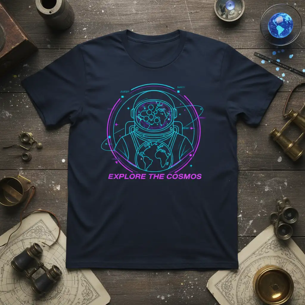Explore The Cosmos astronaut graphic with neon outline and planet details on a t-shirt