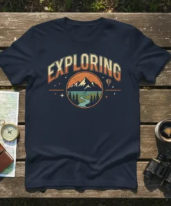 Navy t-shirt with "Exploring" text and a circular graphic of mountains, river, and trees