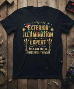 Black t-shirt with "Exterior Illumination Expert Even The Little Lights Will Twinkle" text and colorful Christmas lights graphic