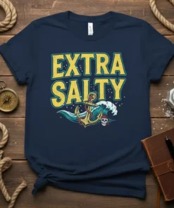 Navy blue t-shirt with "Extra Salty" text in yellow and blue, featuring an anchor, waves, and a skull graphic
