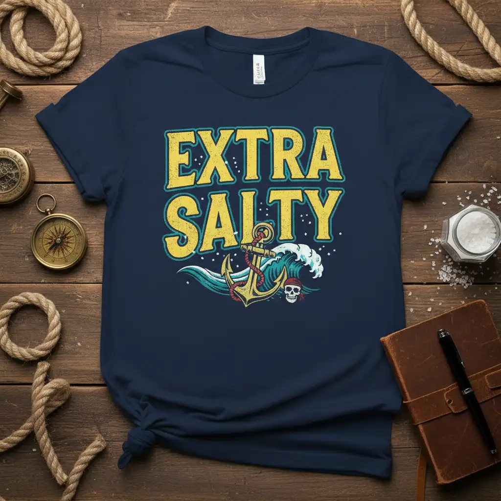 Extra Salty text and anchor with waves graphic on navy blue t-shirt