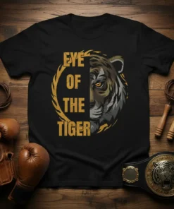 T-shirt design featuring the quote "Eye of the Tiger" with a half-face tiger graphic and golden circular border