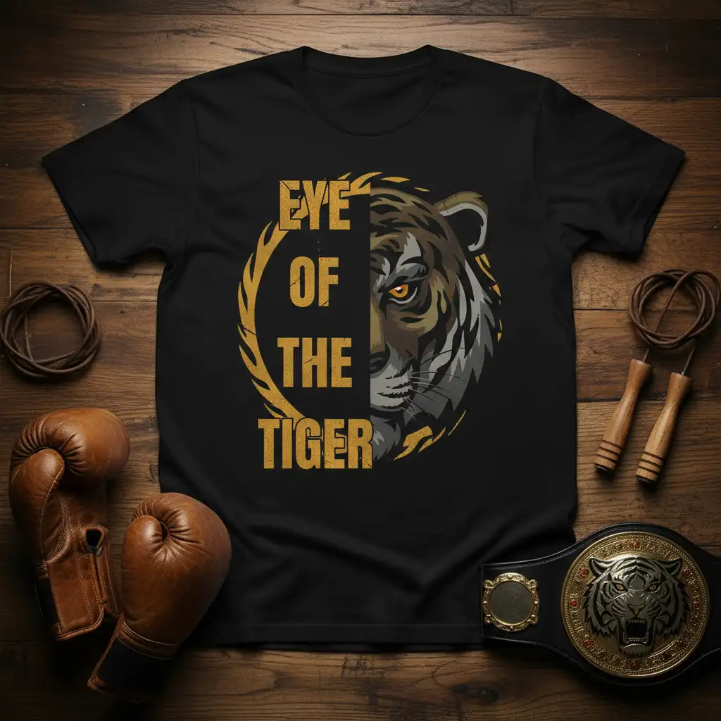 Eye of the Tiger motivational quote tee with bold typography and fierce tiger graphic