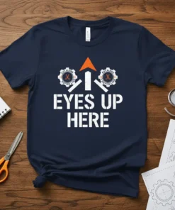 Eyes Up Here Cut Along Dotted Line sewing humor t-shirt with scissors and gear graphics