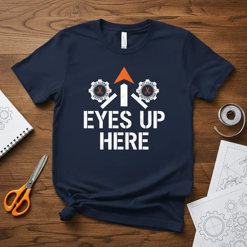 Eyes Up Here Cut Along Dotted Line funny sewing quote t-shirt with gear and scissors graphics