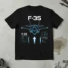 F-35 Lightning II T-Shirt with a blue neon outline of the fighter jet and HUD graphics