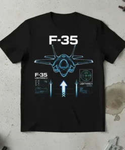 F-35 Lightning II T-Shirt with a blue neon outline of the fighter jet and HUD graphics