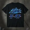 F-47 Fighter Jet T-Shirt with a glowing blue outline of the aircraft and US flags
