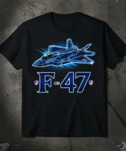 F-47 Fighter Jet T-Shirt with a glowing blue outline of the aircraft and US flags