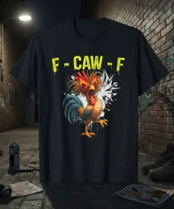 F - CAW - F angry rooster graphic t-shirt with dripping yellow text and a punk rock chicken illustration
