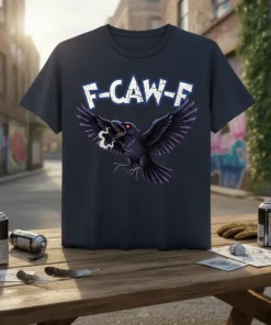 F-CAW-F text above a menacing crow with outstretched wings, on a dark t-shirt