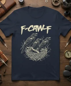 F-CAW-F t-shirt design featuring three crows in a nest with distressed lettering above