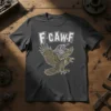 F CAW-F text with two stylized crows or ravens in flight, dark heather t-shirt design