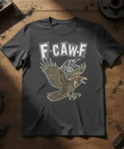 F CAW-F text with two stylized crows or ravens in flight, dark heather t-shirt design