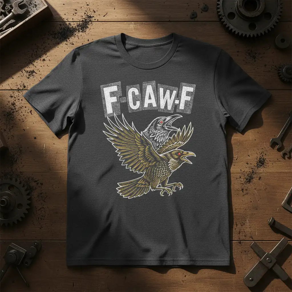 F CAW-F text over a graphic of two flying crows or ravens on a dark heather t-shirt