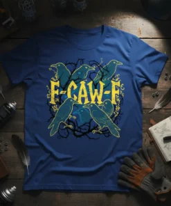 F-CAW-F T-Shirt featuring a cluster of crows perched on thorny branches, with the text "F-CAW-F" in distressed yellow font