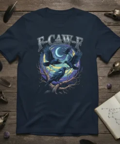 F-CAW-F text above a dark art graphic of crows flying around a moonlit tree, on a navy t-shirt