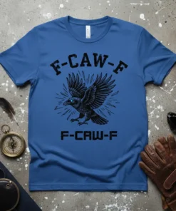F-CAW-F F-CAW-F text above and below a graphic of a black raven with glowing blue eyes, on a blue t-shirt