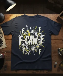 F-CAW-F t-shirt design with angry cartoon birds and yellow accents
