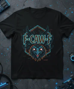 F-CAW-F text and bird graphic on a black t-shirt, neon outline style, gamer theme