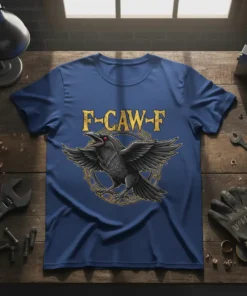 F-CAW-F text above a detailed graphic of a raven with outstretched wings, set within a golden circular emblem