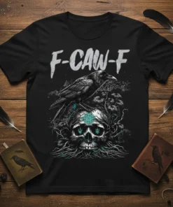 F-CAW-F text design with a black crow on a skull, surrounded by roots and plants, on a black t-shirt