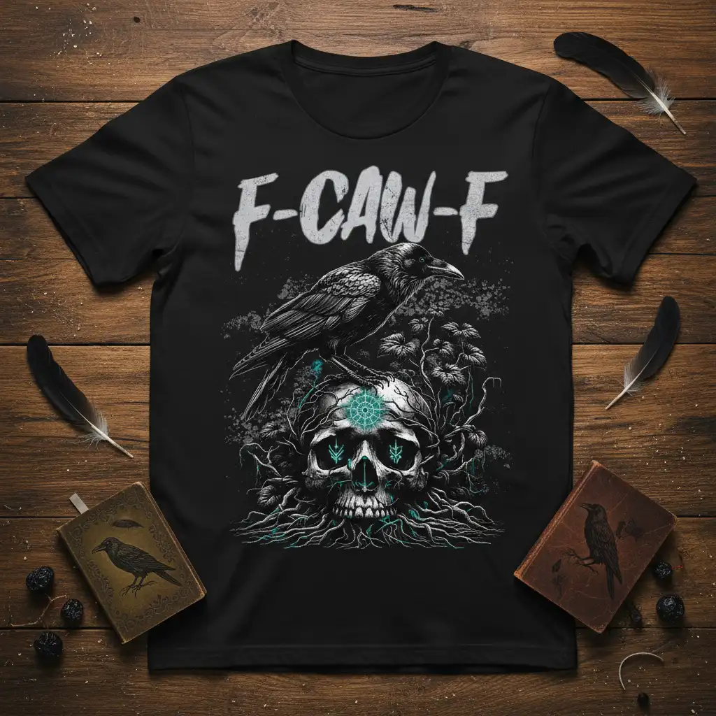 F-CAW-F text graphic featuring a crow on a skull with occult symbols and roots, set against a dark background