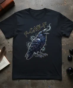 F-CAW-F text above a detailed illustration of a cawing raven on a black t-shirt