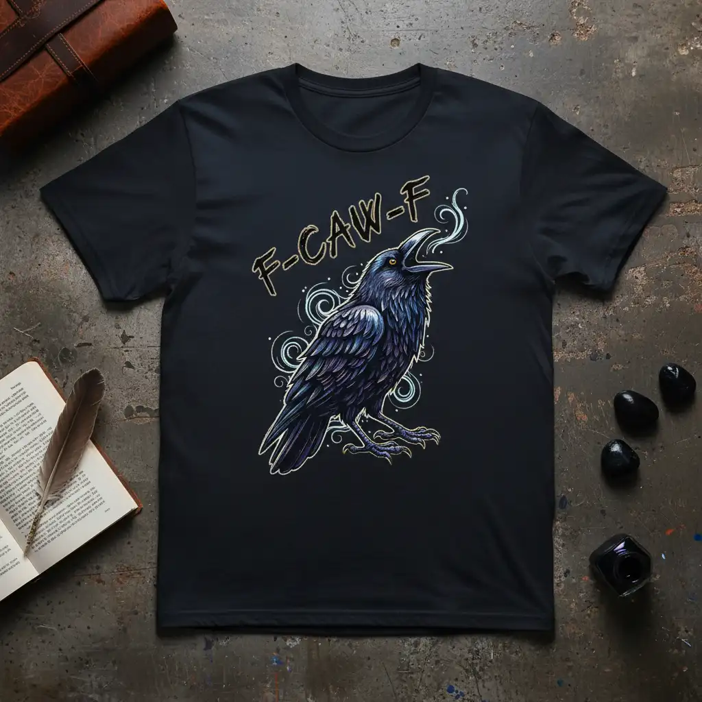 F-CAW-F quote above a detailed illustration of a cawing raven with swirling smoke effects