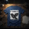 F-CAW-F! text above a robotic raven graphic on a navy blue t-shirt