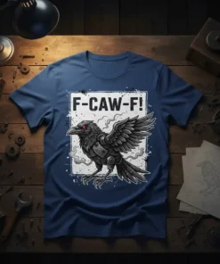 F-CAW-F! text above a robotic raven graphic on a navy blue t-shirt
