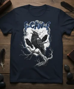 F-CAW-F text above a detailed illustration of three crows perched on a bare tree branch, gothic style, dark fantasy theme