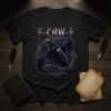 Black t-shirt with F-CAW-F text and a gothic raven perched on a thorny branch, red eyes, dark fantasy style