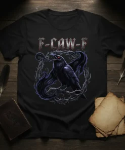 Black t-shirt with F-CAW-F text and a gothic raven perched on a thorny branch, red eyes, dark fantasy style