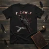F-CAW-F text above a detailed black raven perched on a branch, red accents, gothic t-shirt design