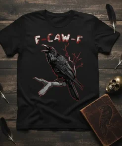 F-CAW-F text above a detailed black raven perched on a branch, red accents, gothic t-shirt design