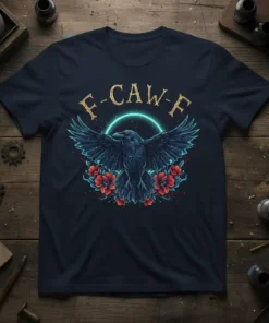 F-CAW-F text above a detailed raven graphic with outstretched wings and red flowers, on a navy t-shirt