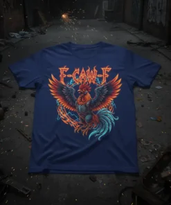 F-CAW-F metal rooster graphic t-shirt with fiery wings and lightning accents