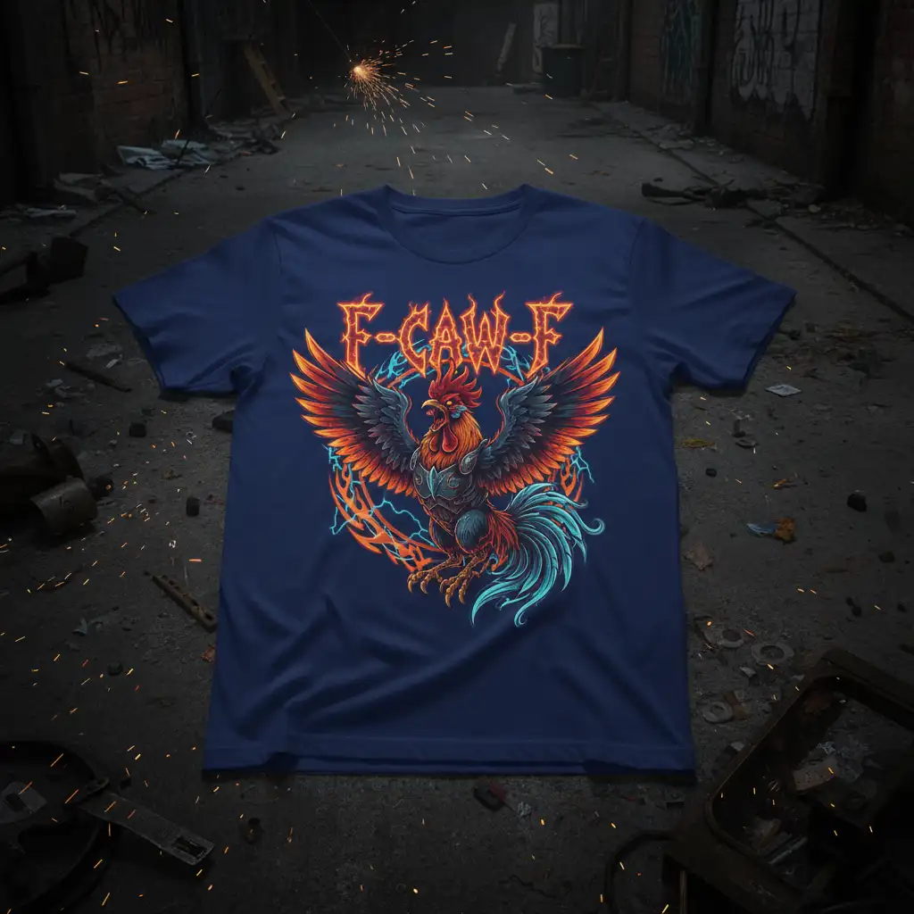 F-CAW-F metal rooster t-shirt design with fiery wings and lightning bolts