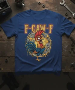 F-CAW-F text above a cartoon rooster with red comb and blue tail feathers, set against gears and lightning bolts