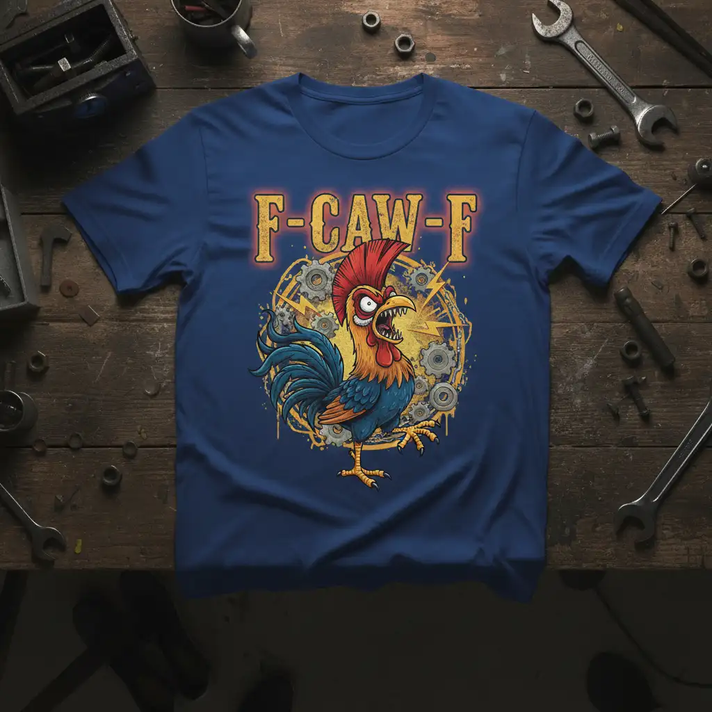 F-CAW-F text design with angry cartoon rooster, gears, and lightning bolts on a navy blue t-shirt