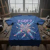 F-CAW-F text above a colorful, radial explosion of abstract feathers on a blue t-shirt