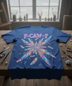 F-CAW-F text above a colorful, radial explosion of abstract feathers on a blue t-shirt