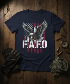F.A.F.O text with an eagle and distressed American flag graphic on a navy t-shirt