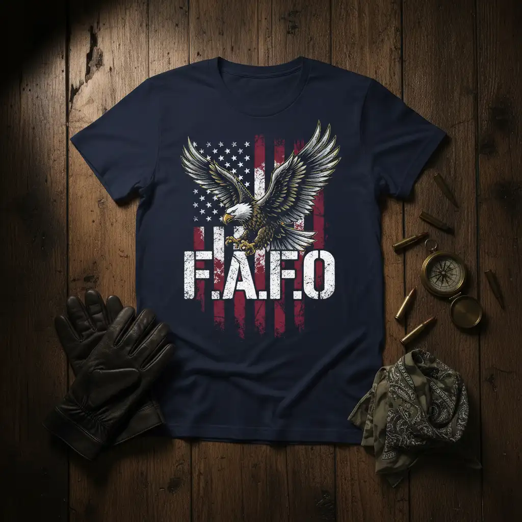 F.A.F.O acronym graphic with eagle and distressed US flag on a dark t-shirt