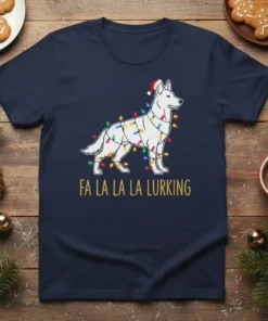 White dog wrapped in colorful Christmas lights and wearing a Santa hat with text "FA LA LA LA LURKING"