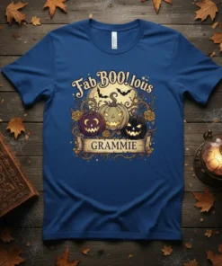 Fab BOO!lous GrammIE Halloween t-shirt with three jack-o'-lanterns and bats under a full moon