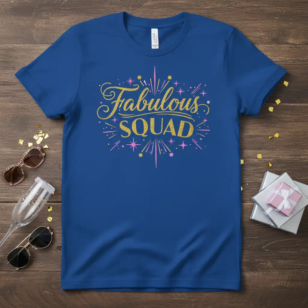 Fabulous SQUAD text design with gold glitter font and colorful bursts on a blue t-shirt