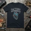 Factory Refurbished Heart T-Shirt featuring a mechanical heart graphic and distressed text, ideal for mechanics